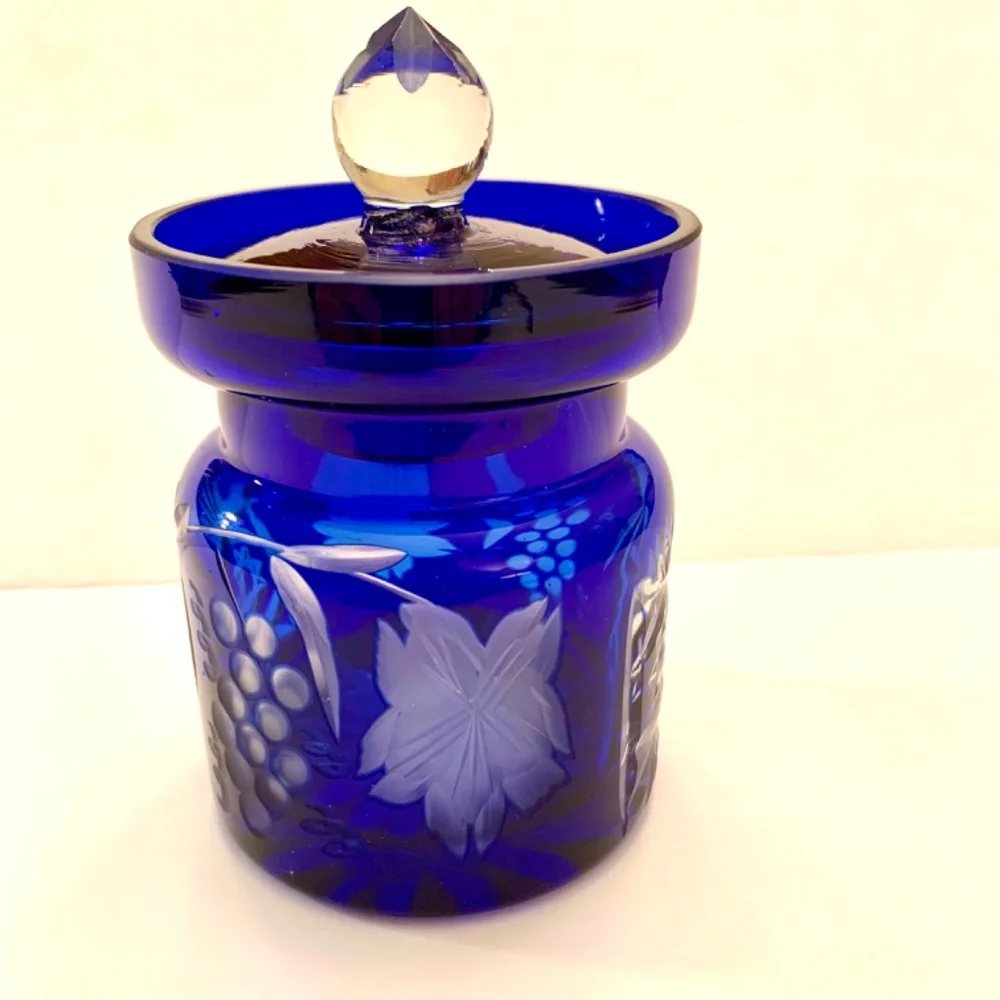 Vintage 1950s Cobalt Blue Crystal Cut Honey/Jam Jar with Lid